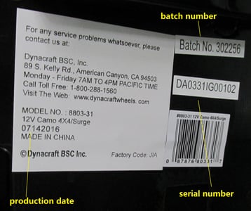 Surge 12 V Camo 4X4 model number, date code, batch and serial number label